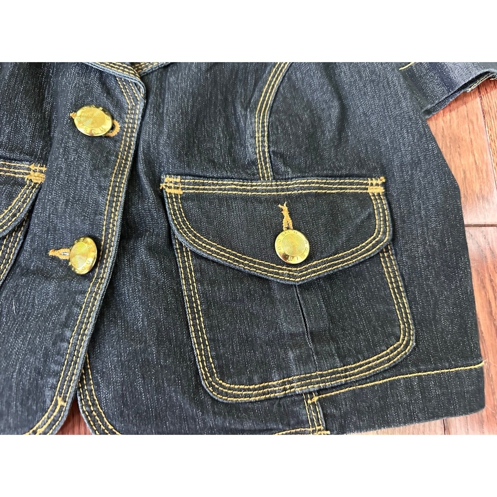 BISOU BISOU Dark Denim Gold Hardware Button Up Cropped Sexy Top Jacket Small - Picture 9 of 12